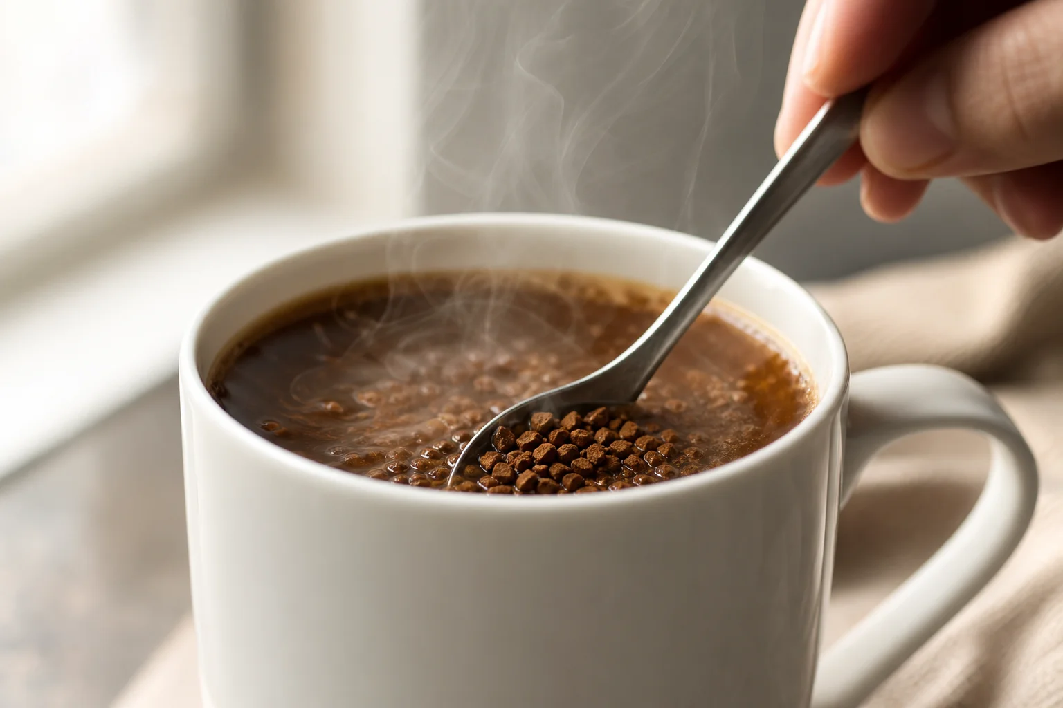 Nahaufnahme von Instantkaffeepulver, das in einer weißen Keramiktasse in heißem Wasser verrührt wird