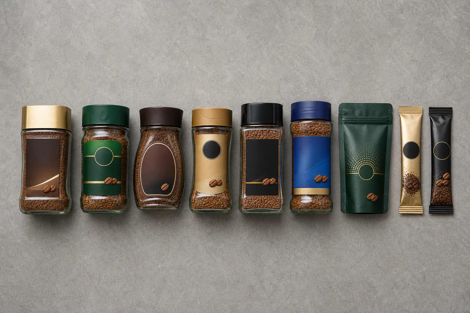 Eine Reihe von Instantkaffee-Produkten, die verschiedene Marken, Farben und Verpackungsstile zeigen