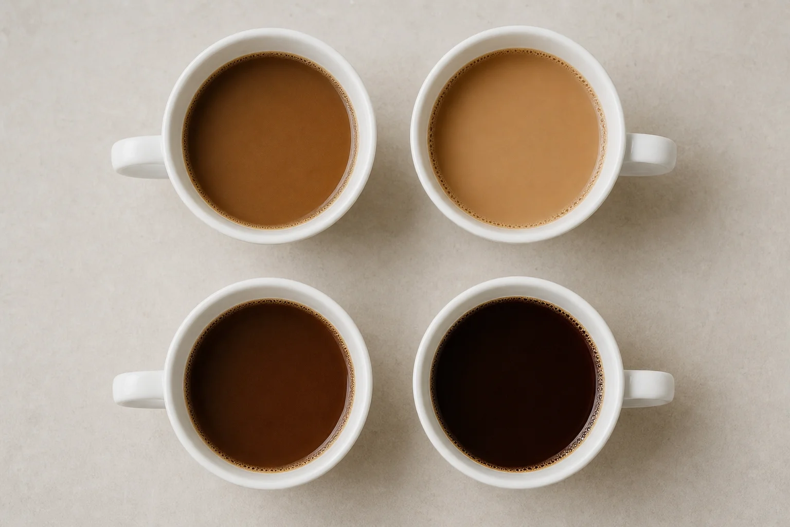 Mehrere weiße Keramiktassen mit aufgebrühtem Instantkaffee in verschiedenen Abkühlphasen