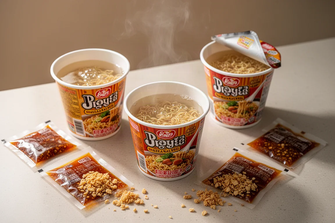 Instant noodle cups boiling with hot water poured in on a kitchen counter