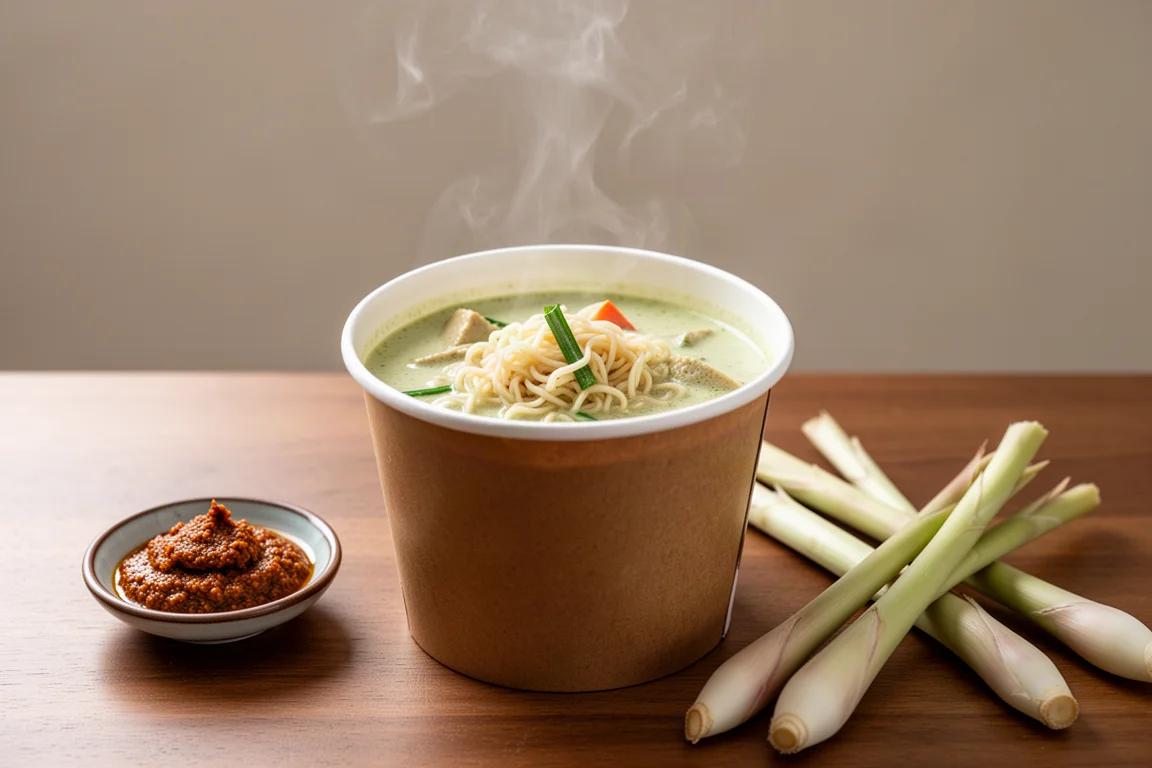 Thin rice-style noodles in a light green coconut curry broth in a ceramic bowl