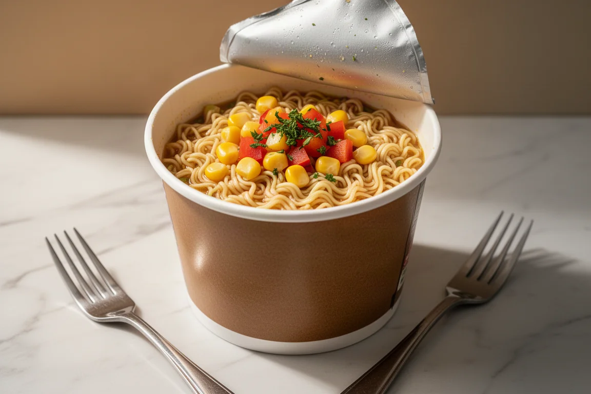 Italian-style instant noodles topped with corn, capsicum and herbs in a cup