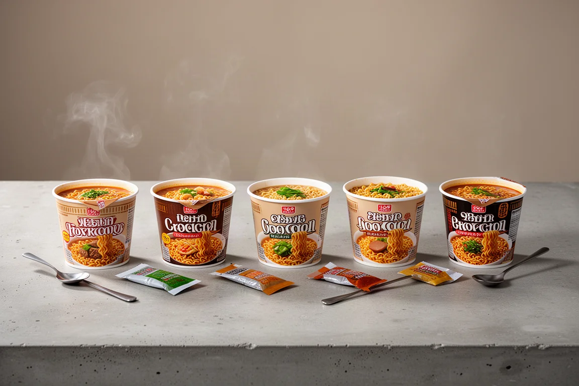 Lineup of instant noodle cups with tasting spoons on a concrete table