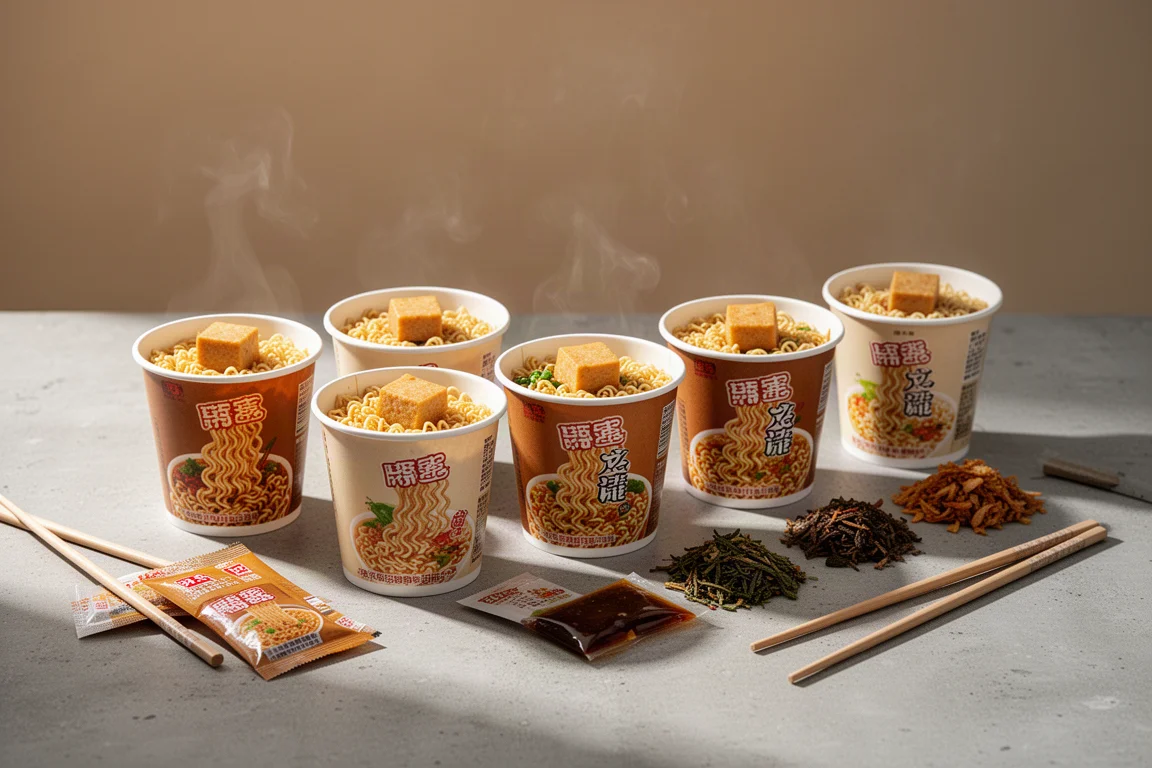 Sei tazze di ramen istantaneo disposte su una superficie di cemento con vapore che sale