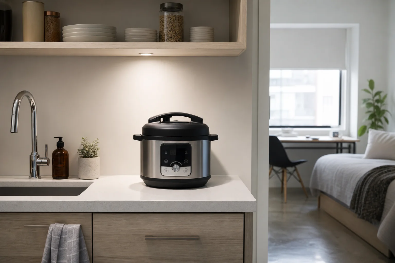 공간이 제한적인 작은 아파트 주방 조리대 위의 콤팩트한 Instant Pot