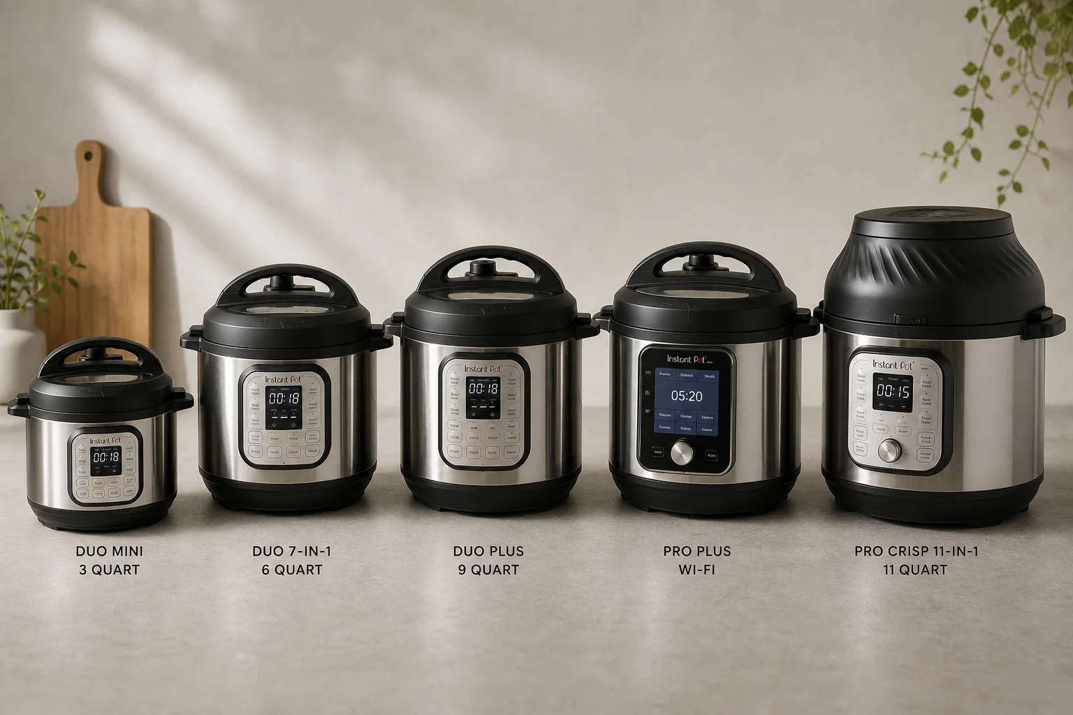 Five Instant Pot models arranged by size from smallest to largest on concrete surface
