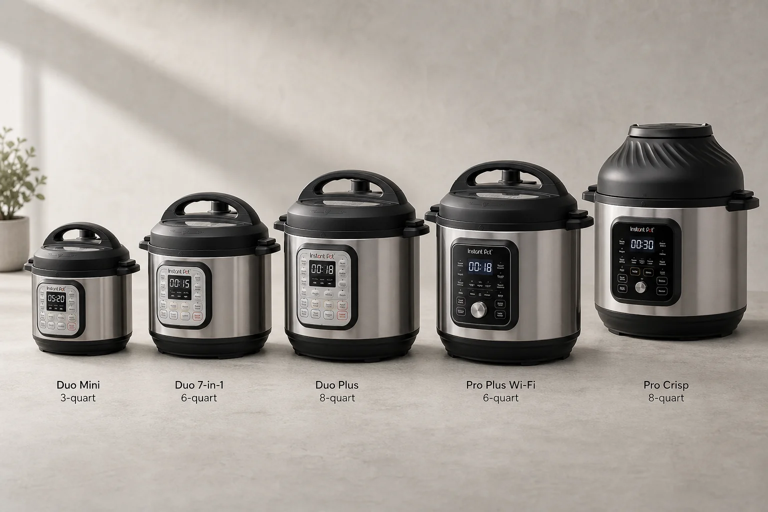 Five Instant Pot models arranged by size on a concrete surface