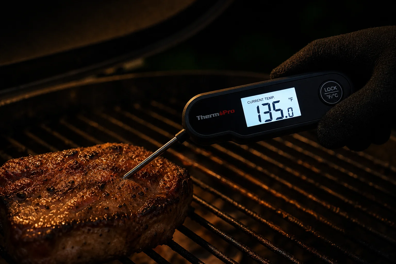 Grillning på kvällen med en ljusstark bakgrundsbelyst termometerdisplay