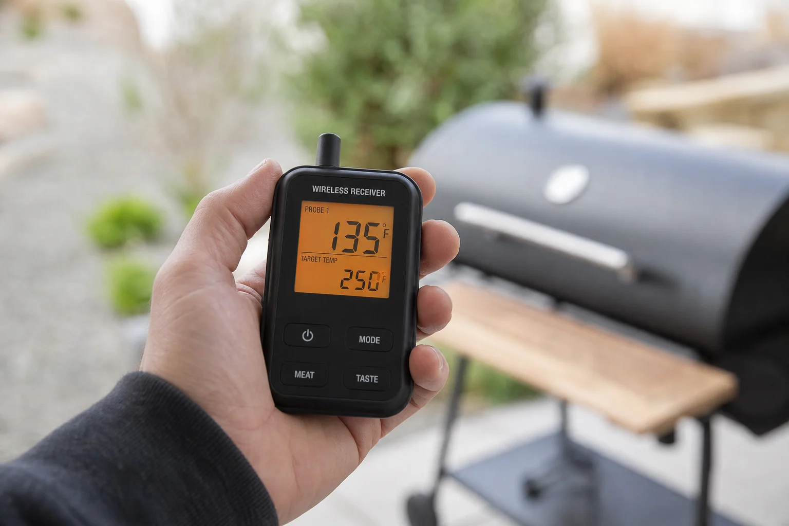 Trådlös termometermottagare som visar temperaturen under grillning