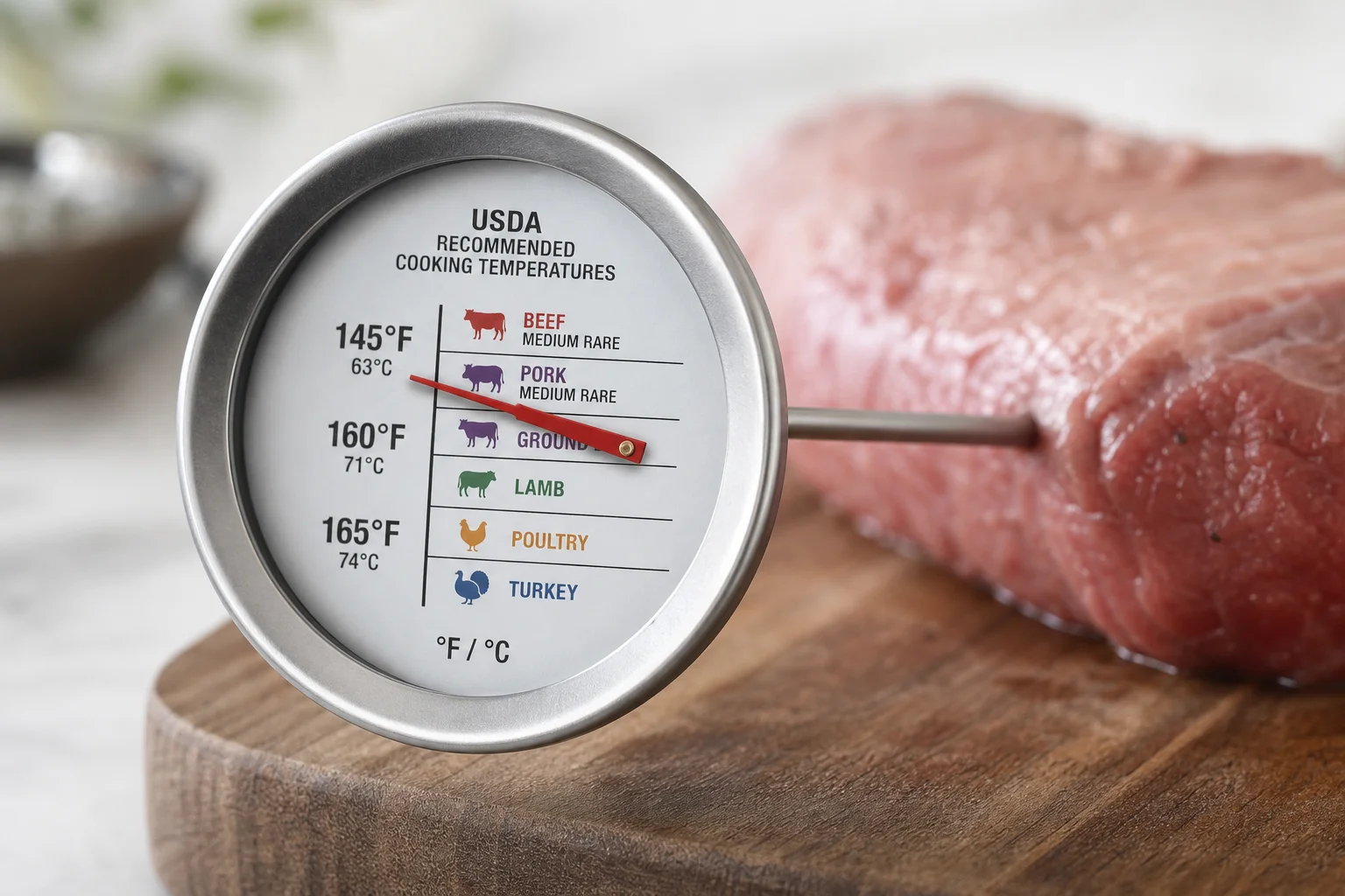 Analog urtavla-termometer med USDA-temperaturmarkeringar för proteiner
