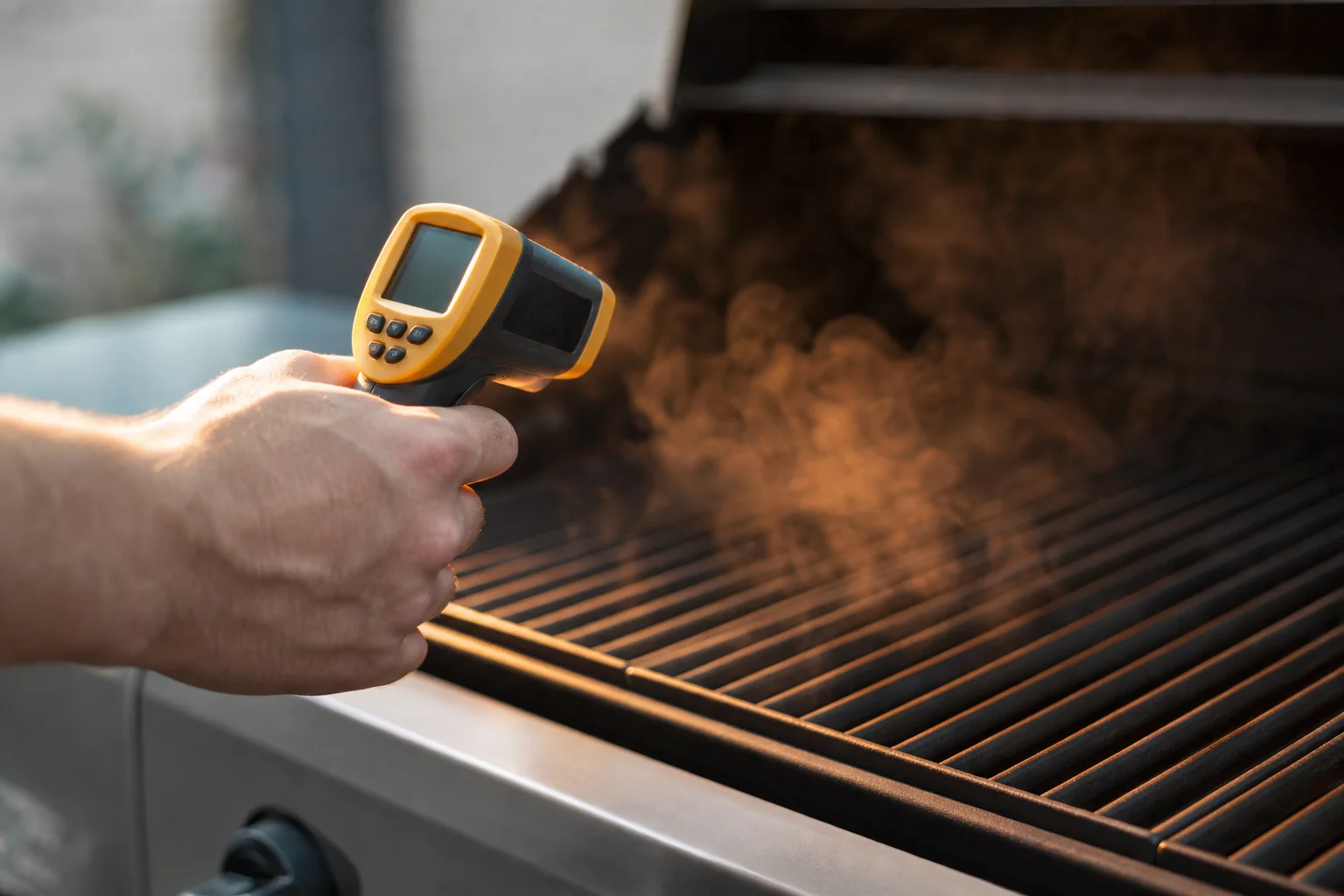 Infraröd termometer som mäter yttemperaturen på grillgaller