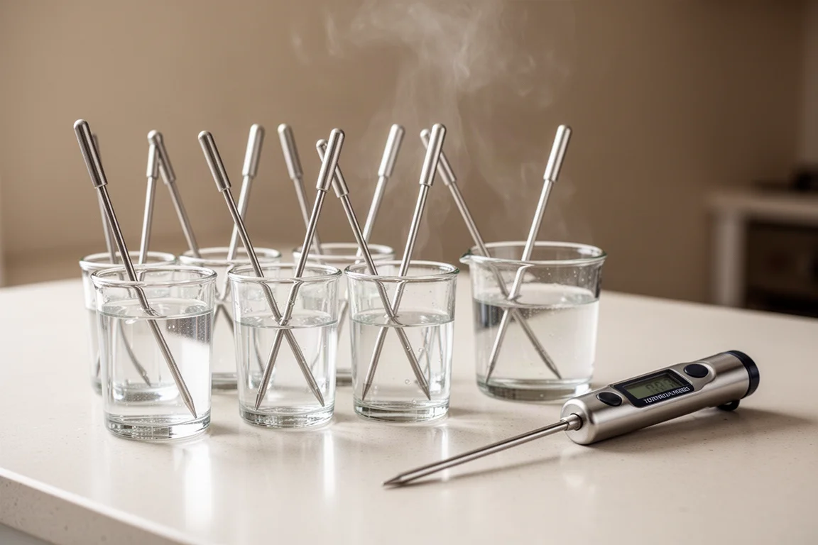 Instant read thermometer probes dipped into test cups of water on a kitchen counter