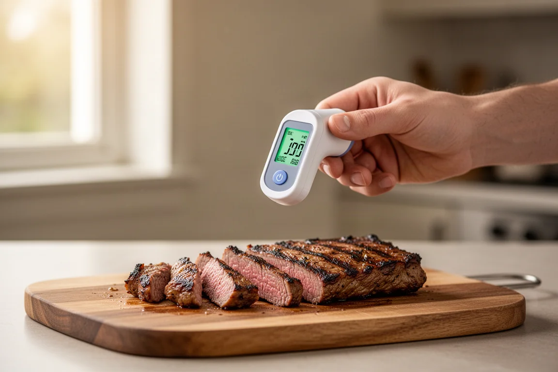 A rotating display thermometer held above a cutting board with grilled food