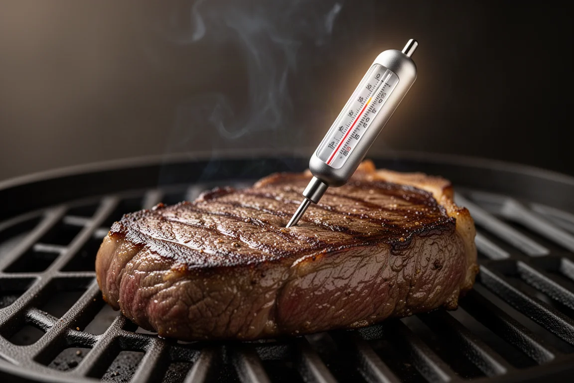 Instant read thermometer probing a steak on a grill grate with light smoke