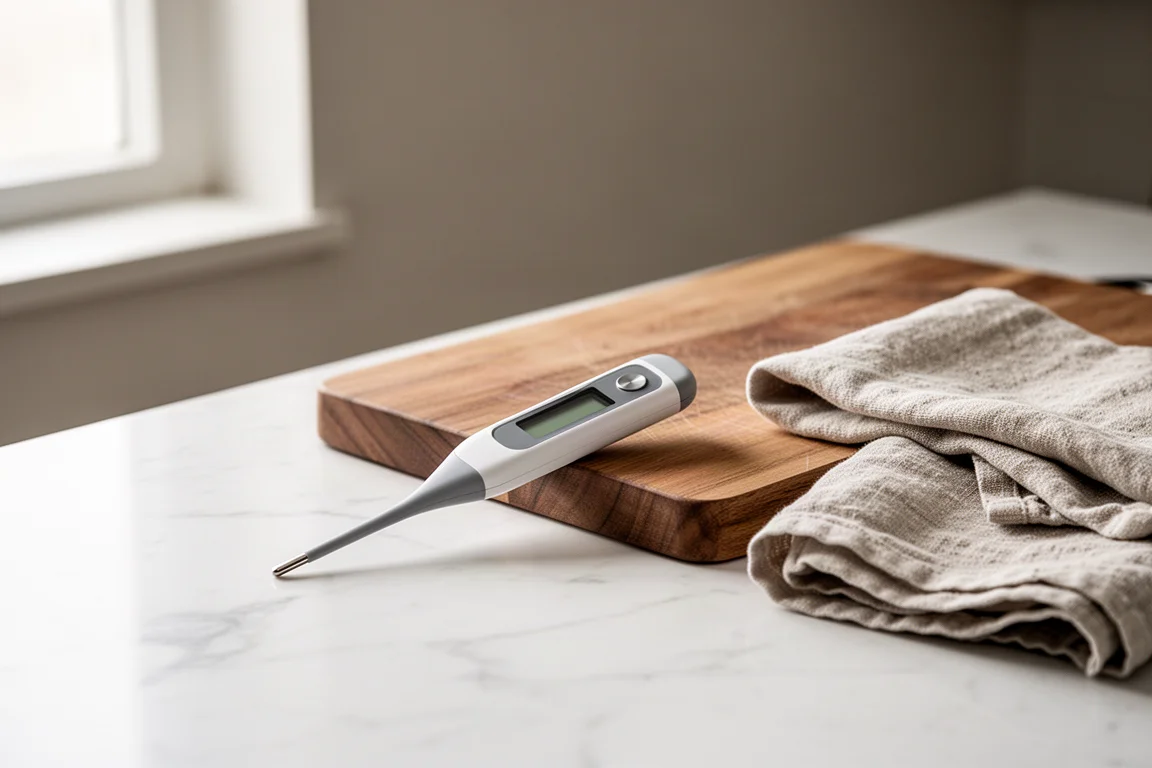Premium thermometer resting on a marble counter beside a cutting board
