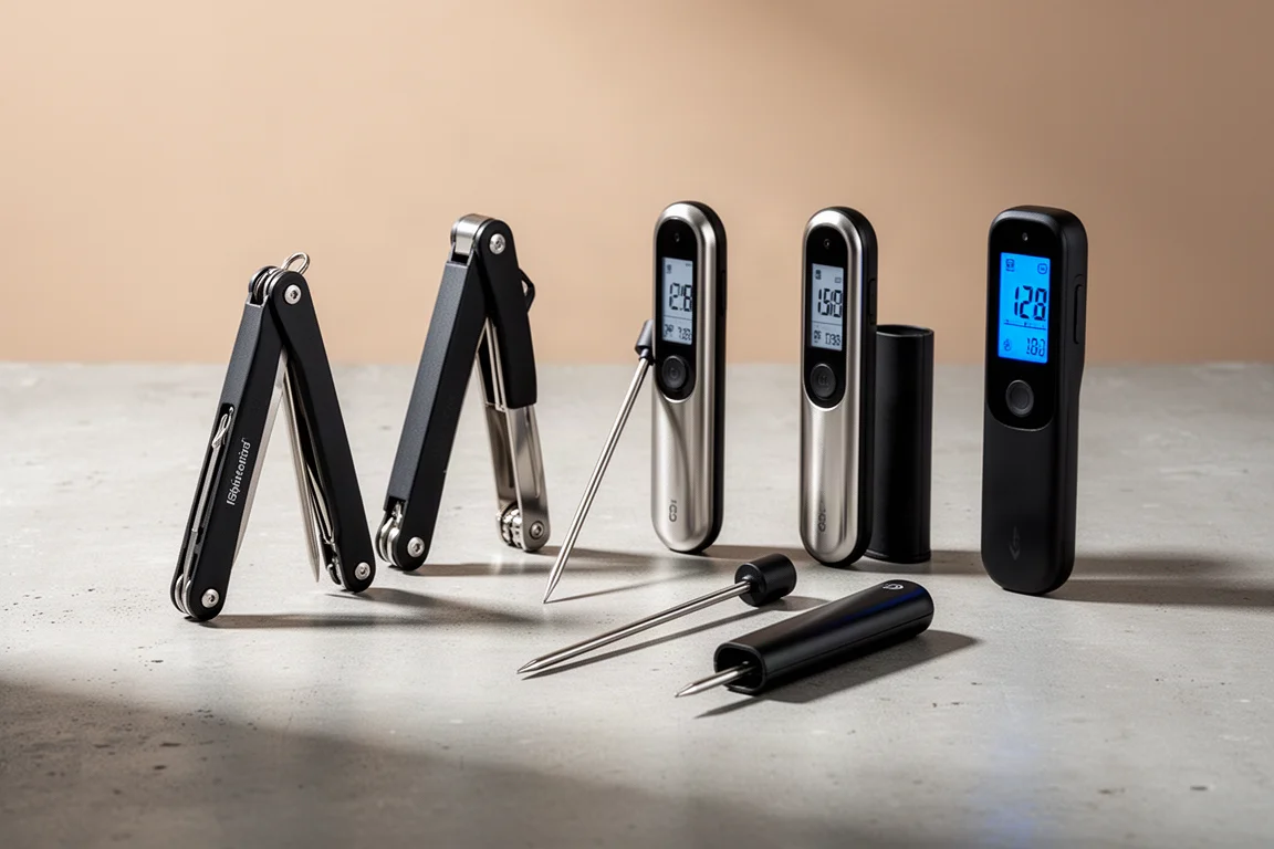 Six instant read food thermometers arranged in a row on a concrete surface