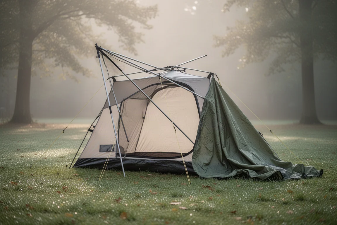 Barraca instantânea tipo cabana sendo montada com a armação erguida em uma clareira gramada de camping
