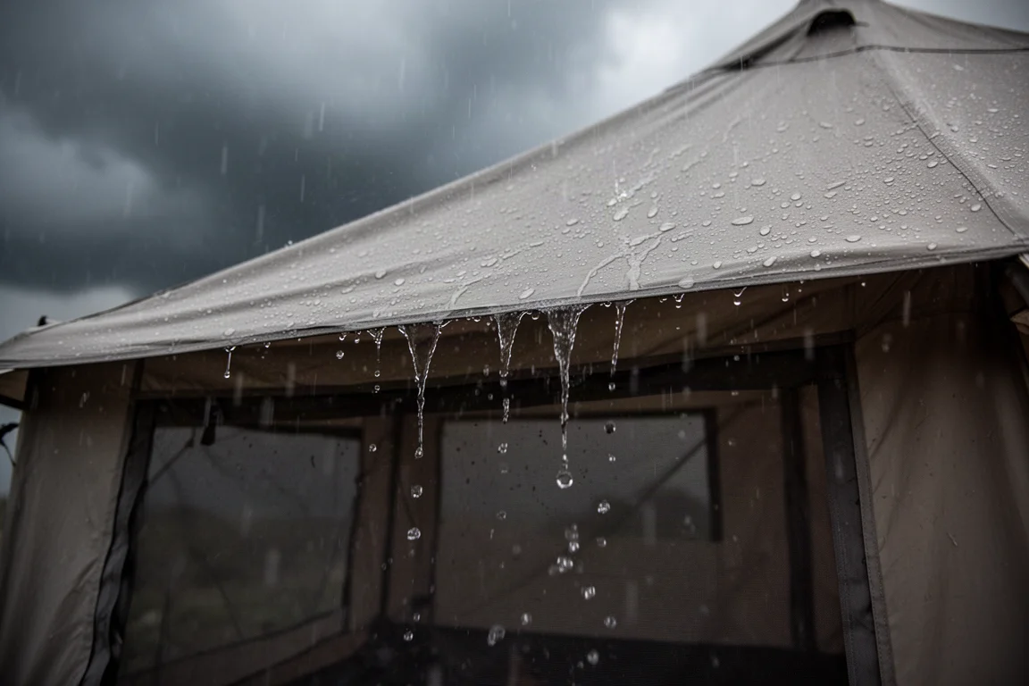 Chuva forte escorrendo por um toldo longo de barraca acima de uma janela com tela