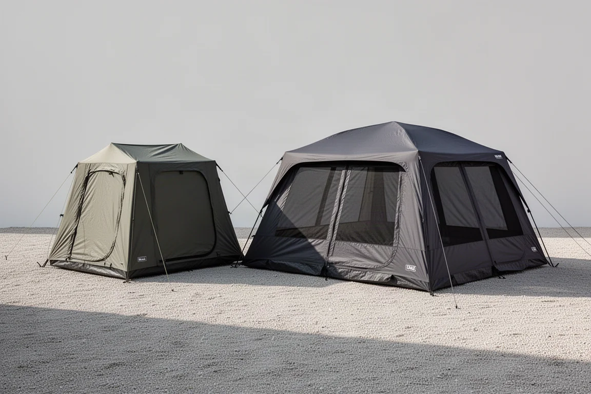 Two instant cabin tents pitched side by side on a neutral gravel pad