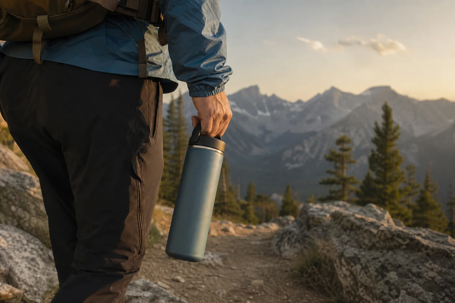Hiker holding insulated water bottle on mountain trail with golden hour light