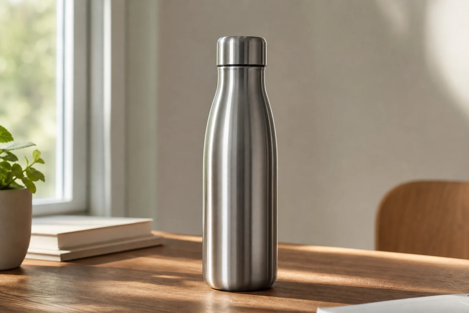 Stainless steel insulated bottle on wooden desk with morning window light
