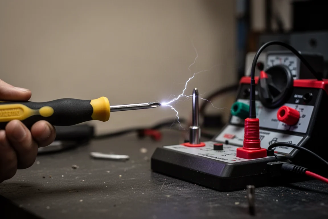 Insulated screwdriver tip positioned near a high-voltage test setup with a faint arc