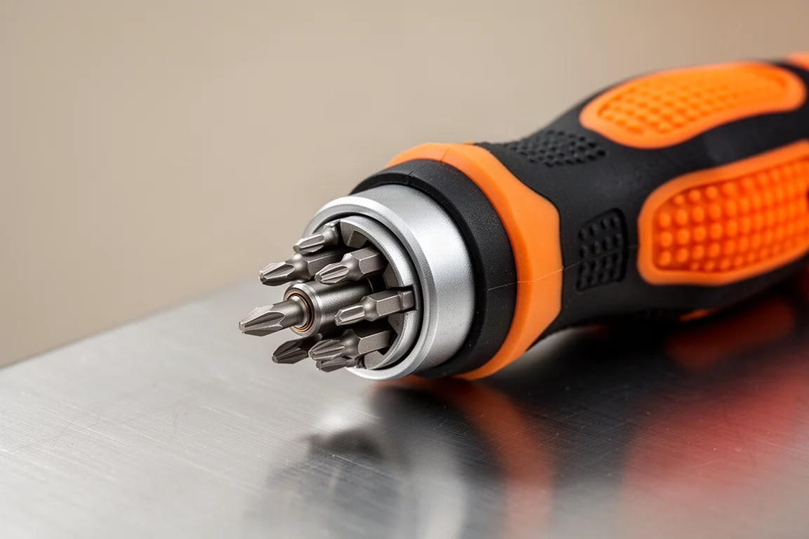 Rotating tail cap of a 4-in-1 screwdriver holding multiple interchangeable bits
