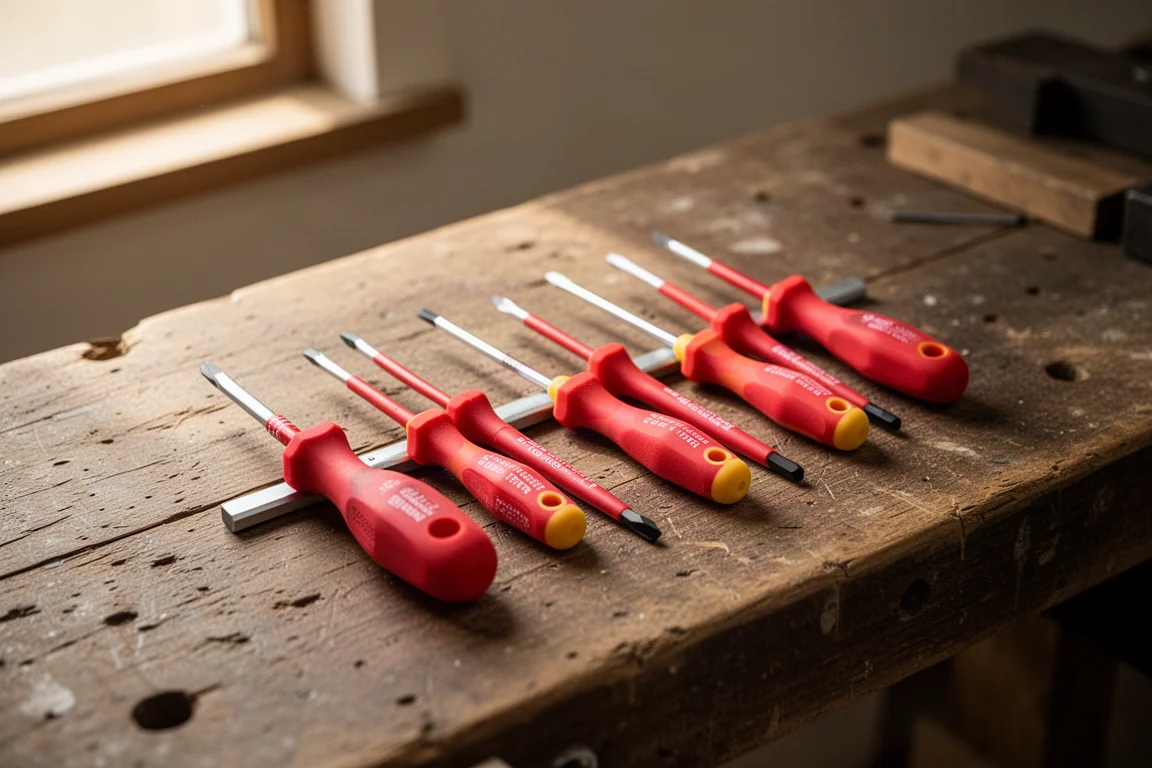 Small precision insulated screwdrivers laid out on a workshop bench