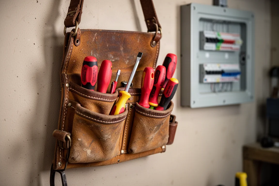 Electrician's tool pouch with insulated screwdrivers on a job site