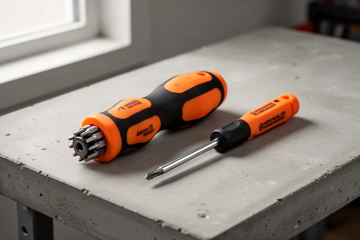 Klein 4-in-1 insulated screwdriver and slim Pittsburgh precision insulated screwdriver on a workbench