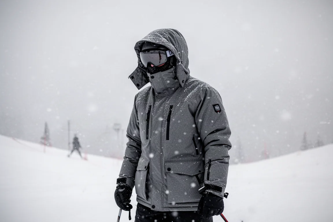 Esquiador de pie bajo la nieve cayendo vistiendo una chaqueta de grueso aislamiento