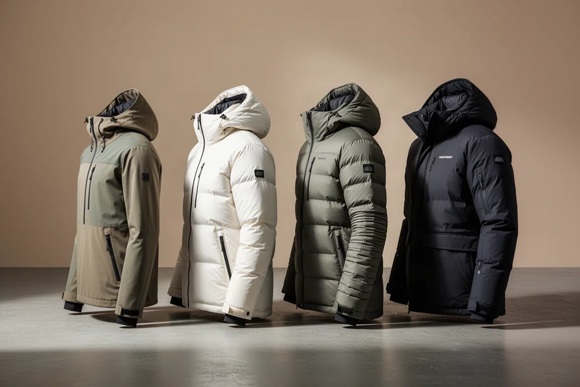 Four insulated ski jackets lined up showing increasing insulation thickness