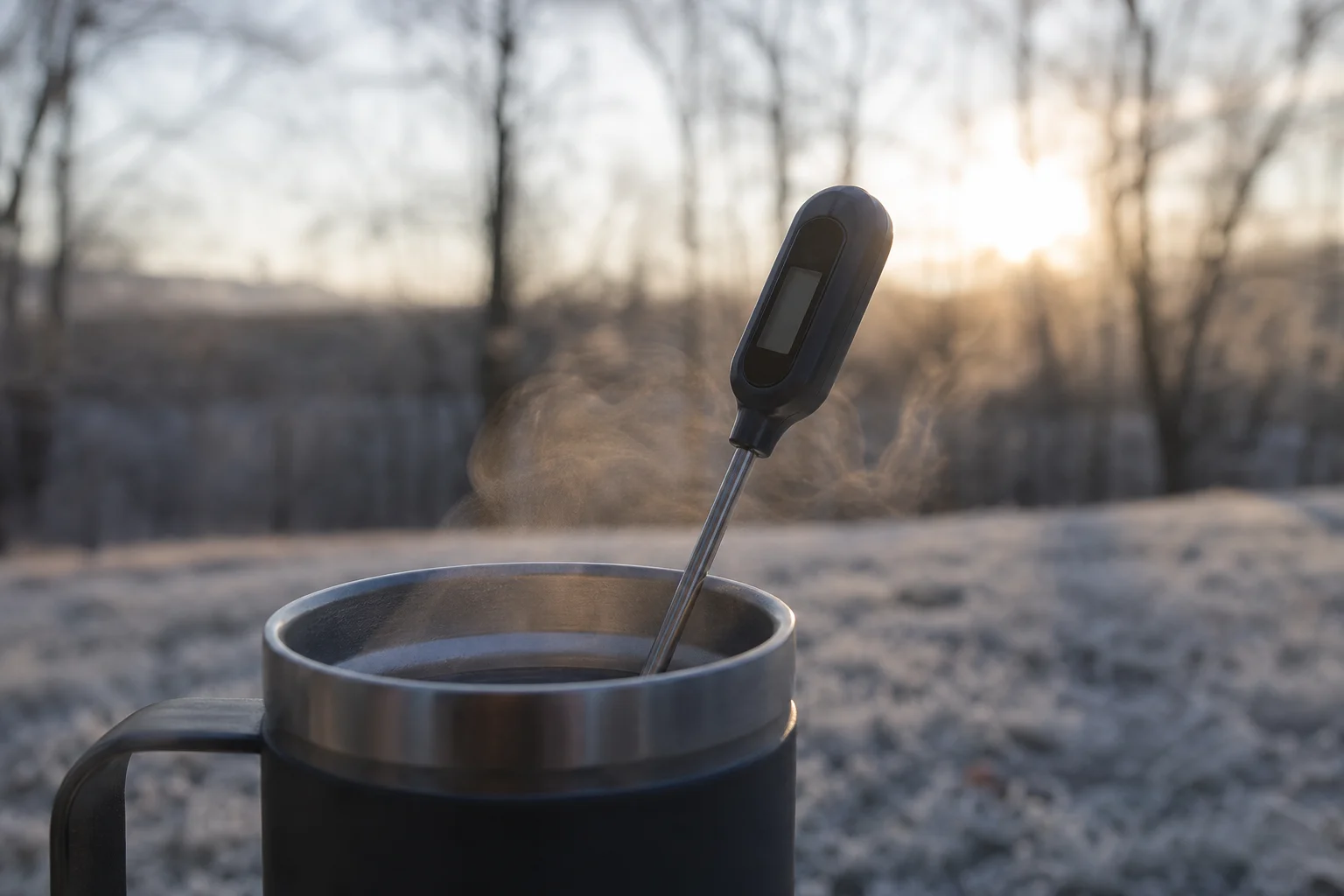 Thermometer measuring hot water temperature in winter outdoor setting