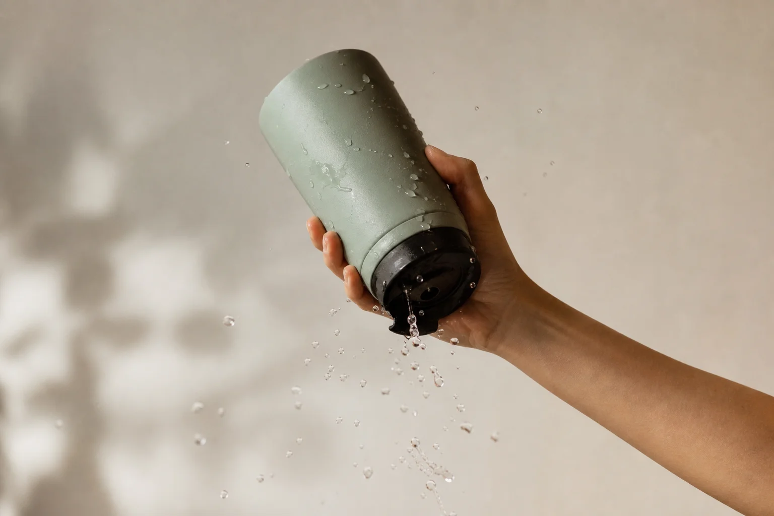 Travel mug being shaken upside down with water droplets visible