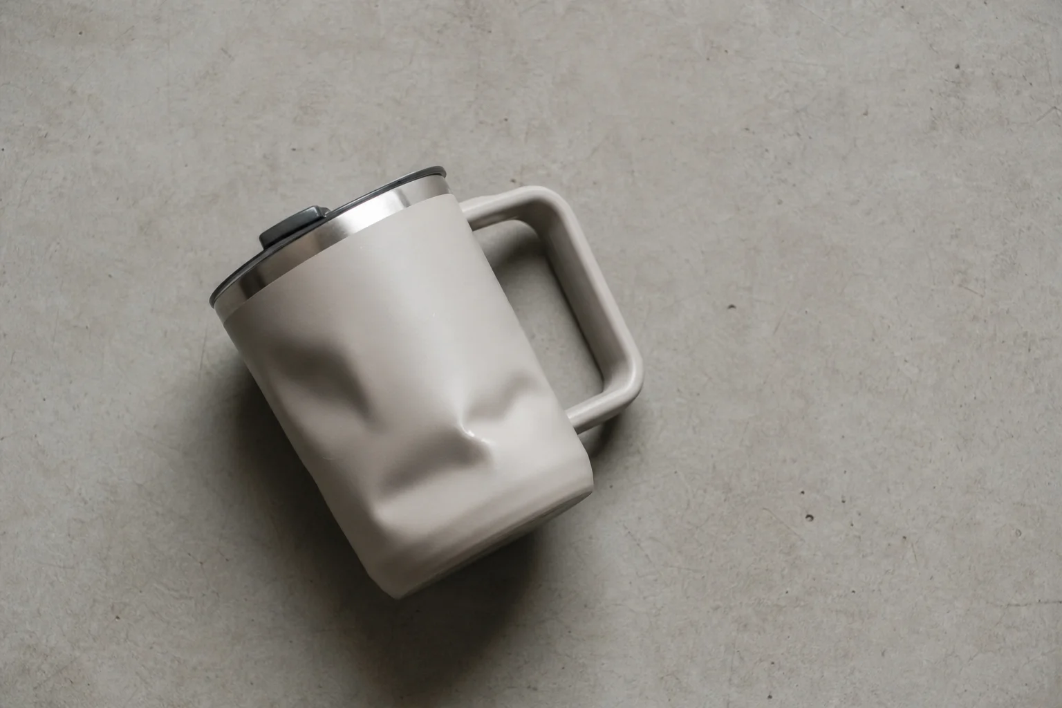 Travel mug on concrete surface showing minor dent from drop test