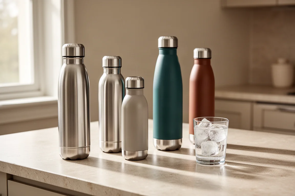 Insulated water bottles arranged on a kitchen counter in soft morning light