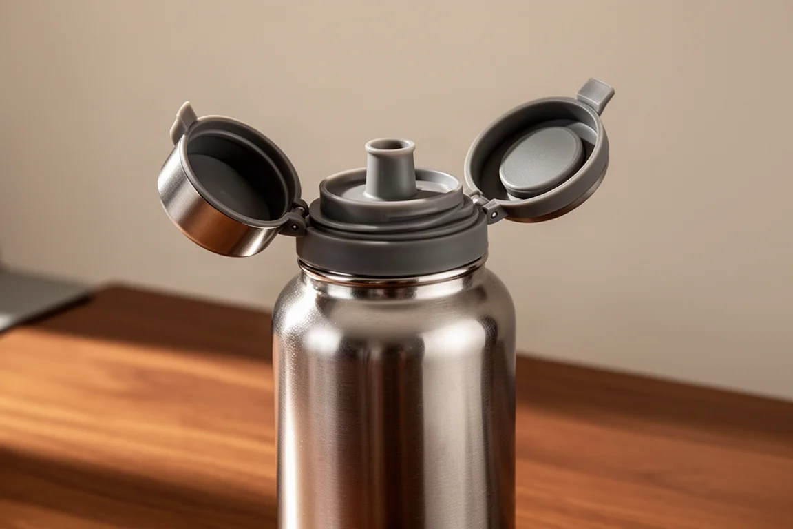 Close-up of a magnetic bottle cap swinging open on a water bottle