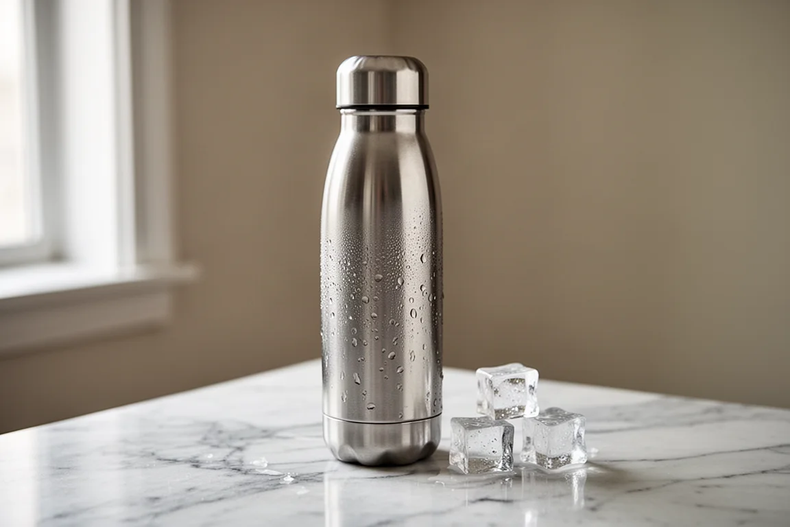 Tall insulated bottle filled with ice cubes on a marble surface