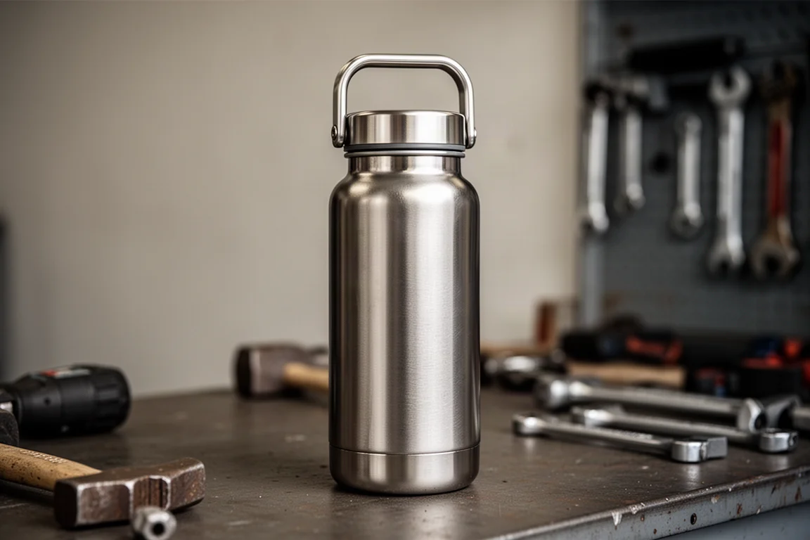 Rugged insulated bottle on a workbench beside tools in a garage setting
