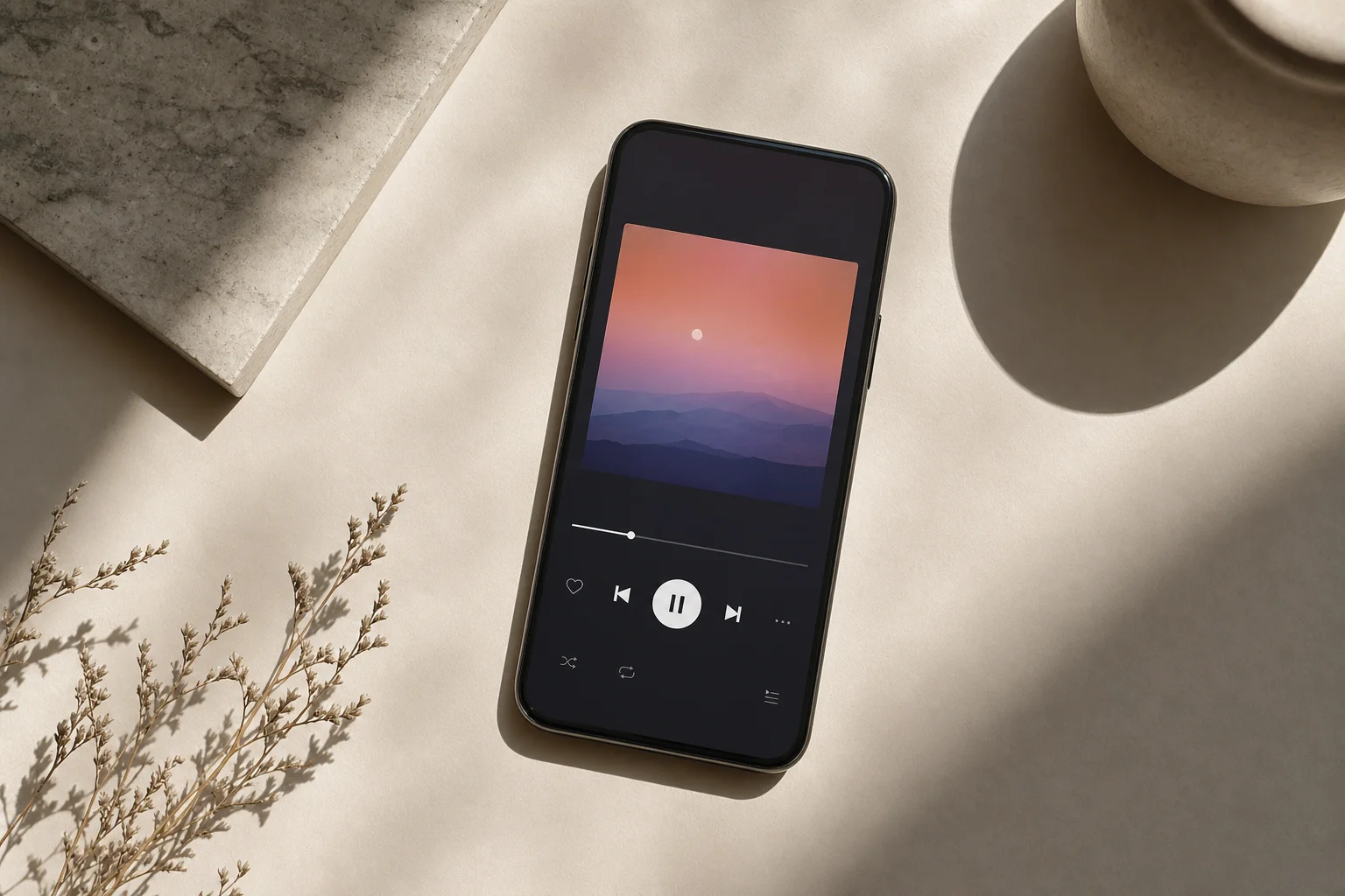 Smartphone affichant l'interface d'une application de streaming musical avec la pochette de l'album