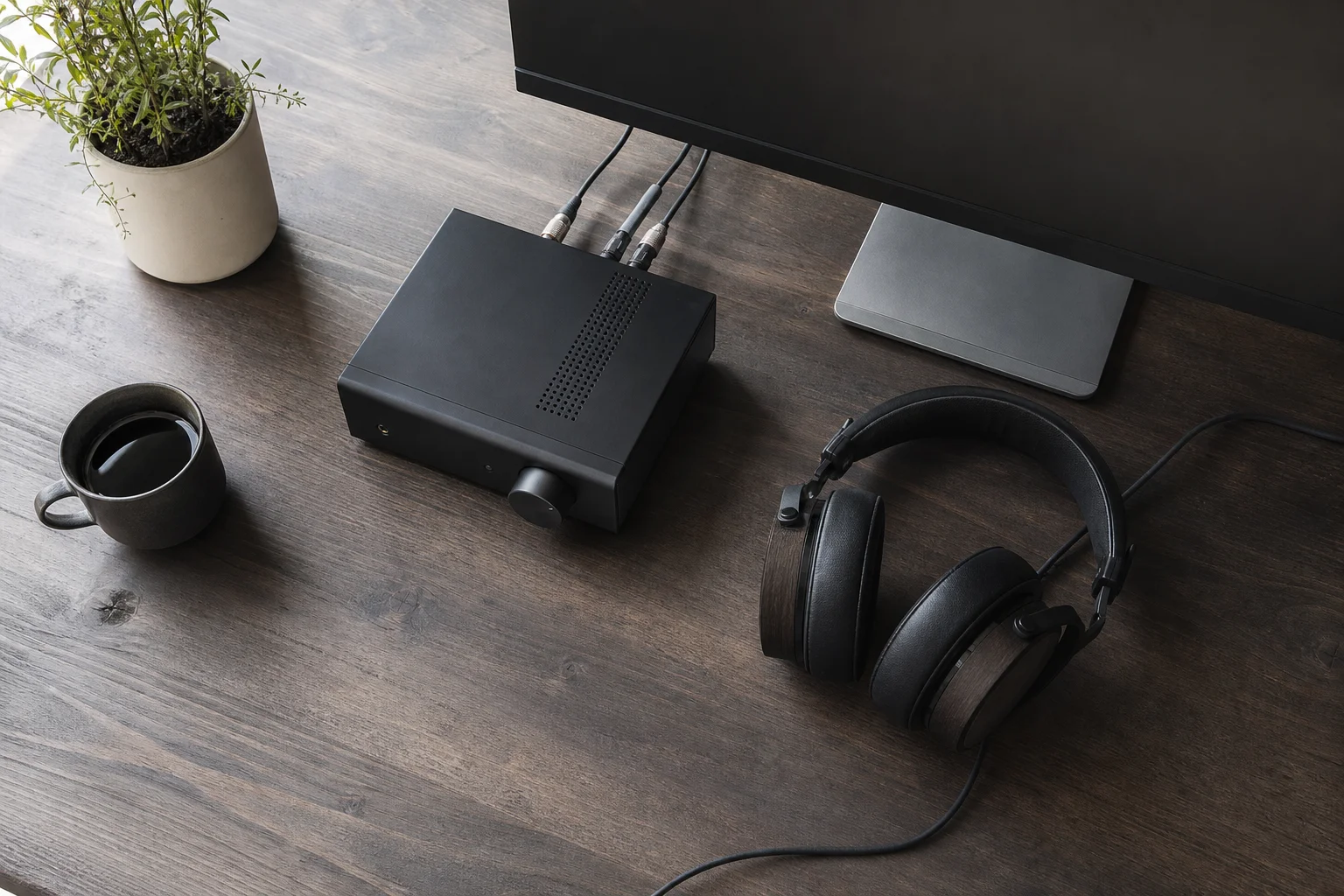Espace de travail avec équipement audio compact et configuration d'écran d'ordinateur
