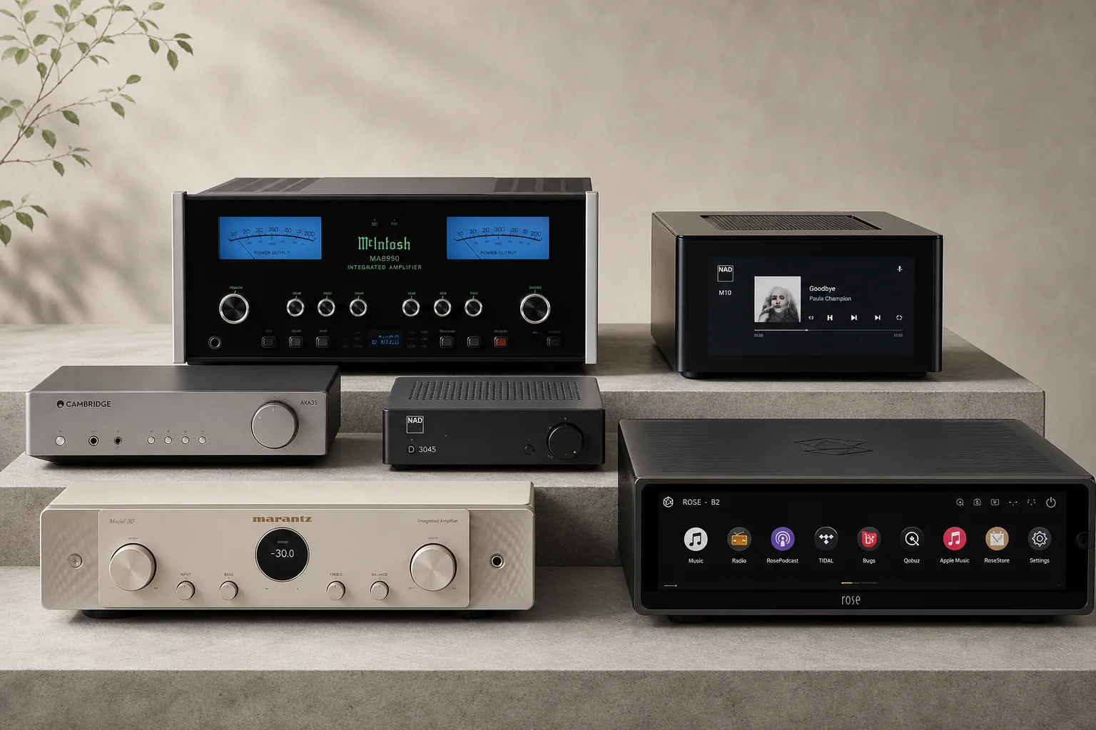 Six integrated amplifiers arranged on concrete surface representing different models and price points