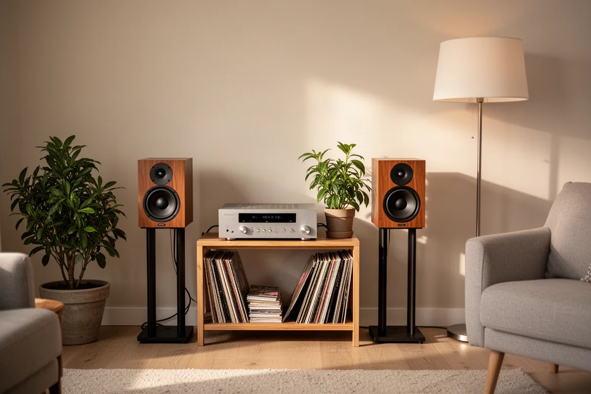 Compact stereo system with bookshelf speakers and records in a warm living room