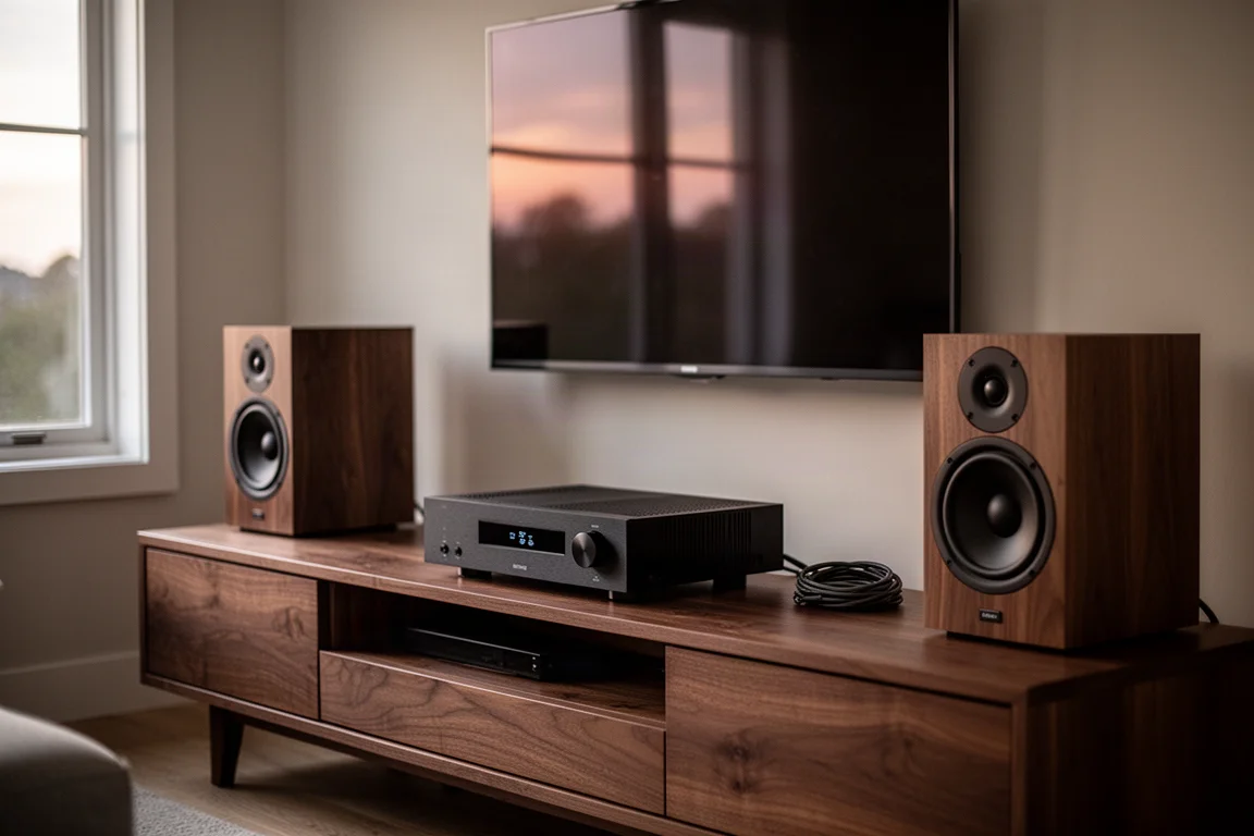 Living room media console with amplifier, bookshelf speakers and a television