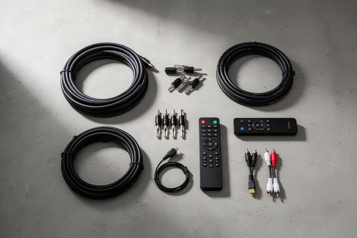 Overhead flat-lay of speaker cable, banana plugs, a remote and audio cables