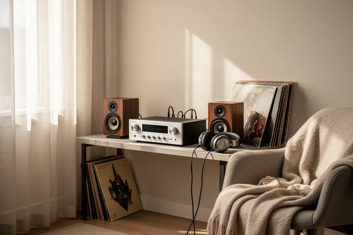 Sunlit listening corner with a small amplifier, speakers and headphones