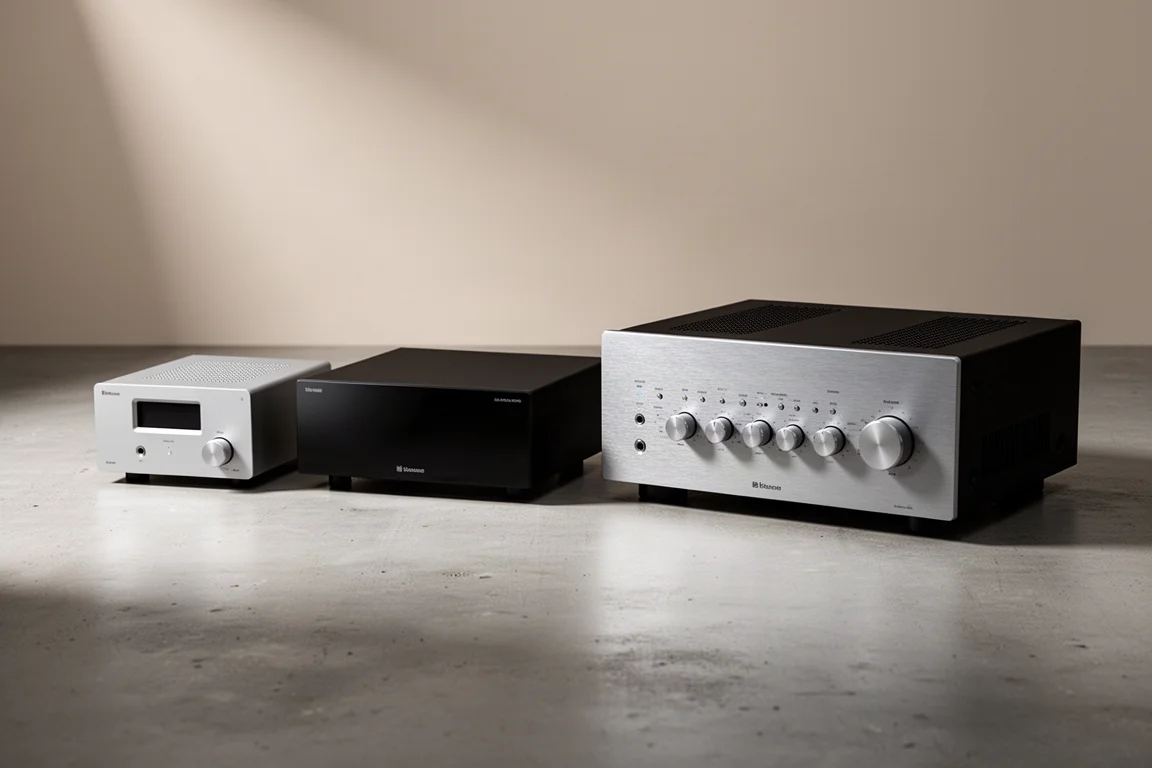 Three compact stereo integrated amplifiers arranged in a row on a concrete surface