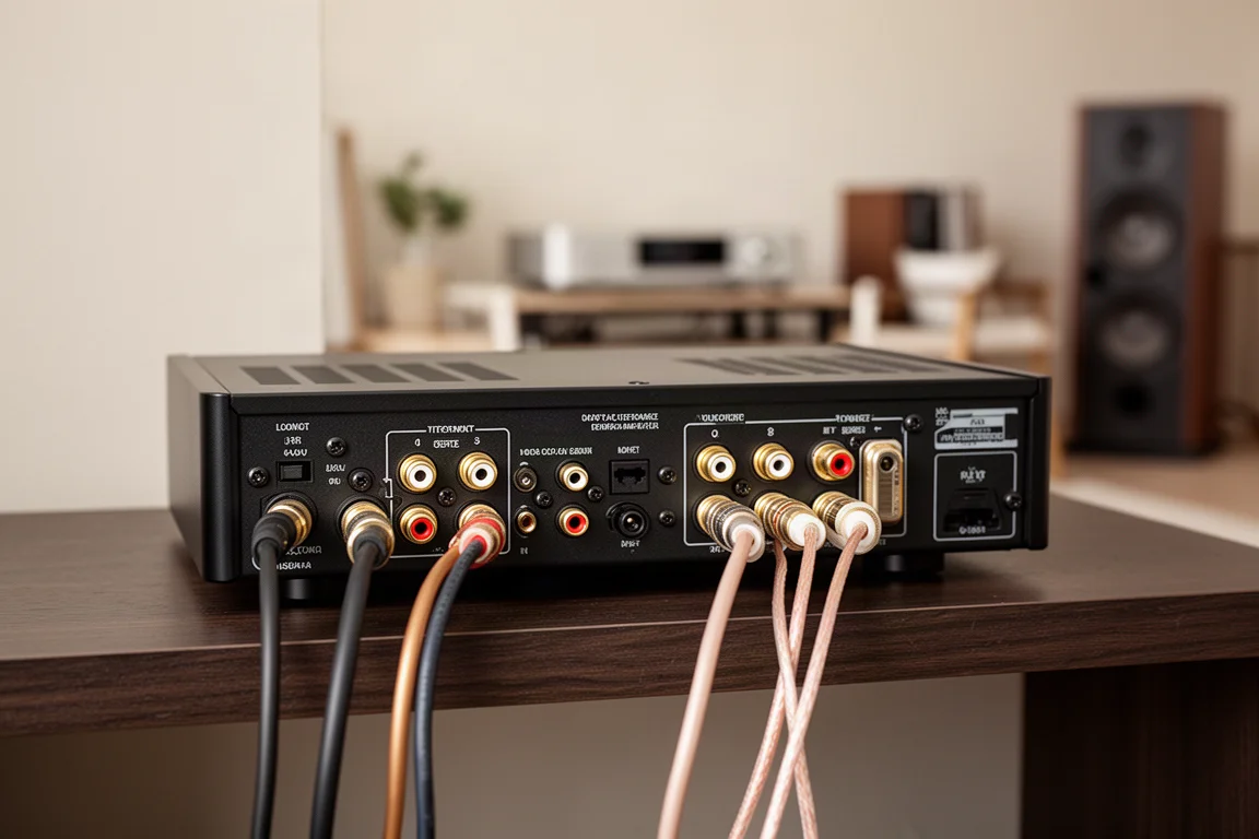 Achterpaneel van een stereoversterker met aangesloten RCA-kabels en luidsprekerklemmen