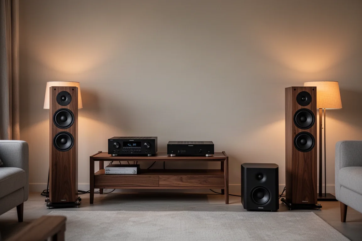 Hi-fi-opstelling in de woonkamer met zuiluidsprekers en een subwoofer in avondlicht