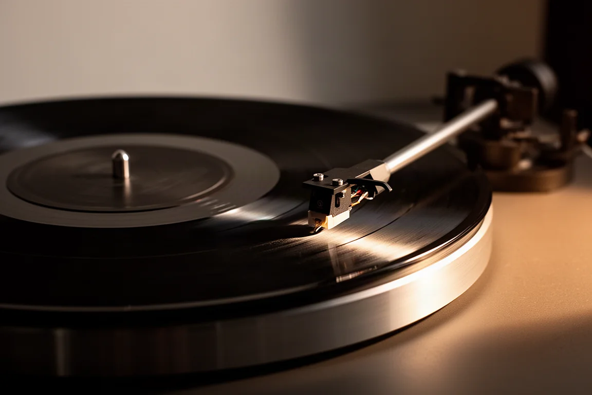 Nahaufnahme einer Vinylschallplatte auf einem Plattenspieler, Tonarm folgt der Rille